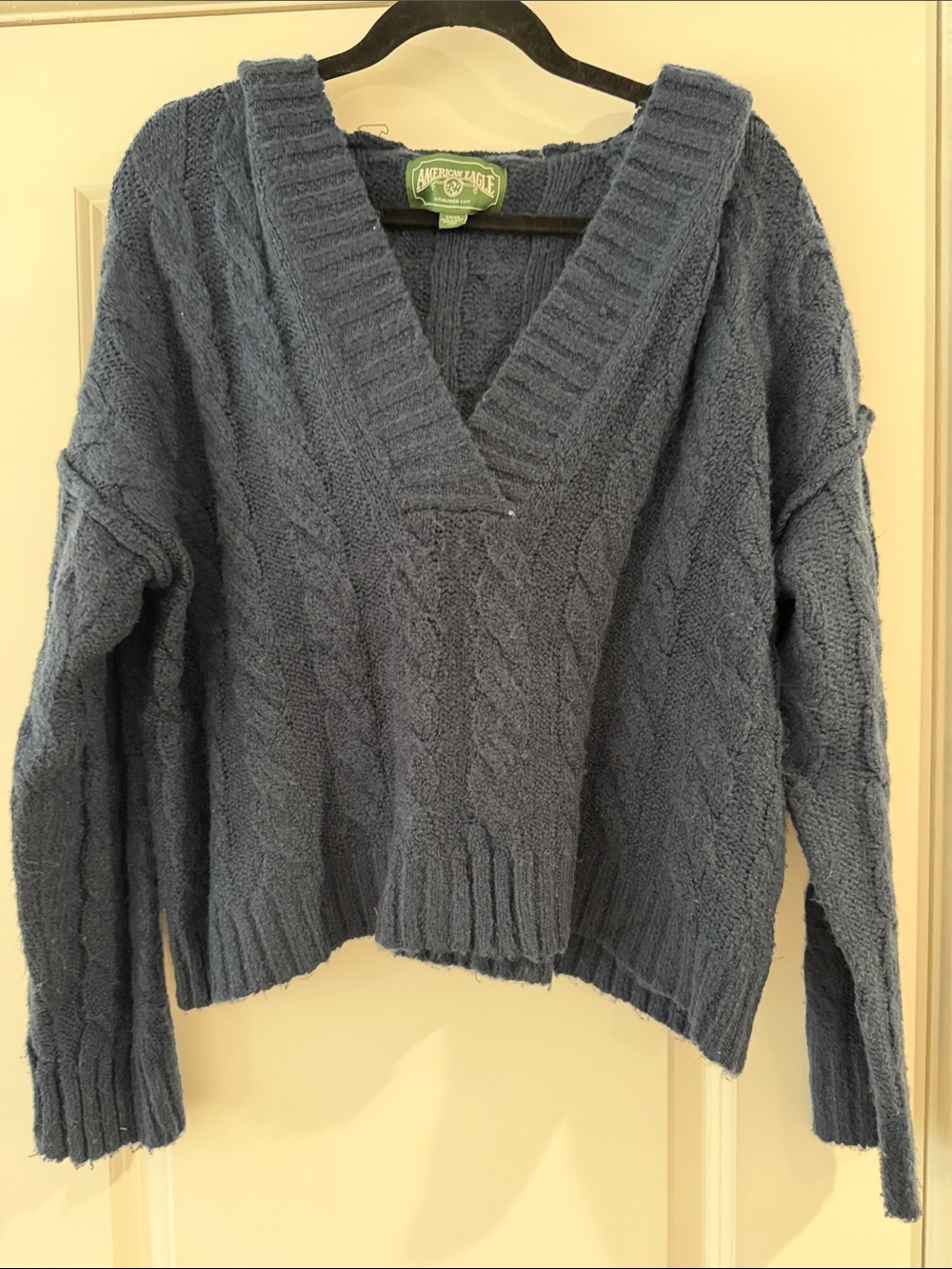 American Eagle Outfitters Blue Cable-Knit V-Neck Sweater